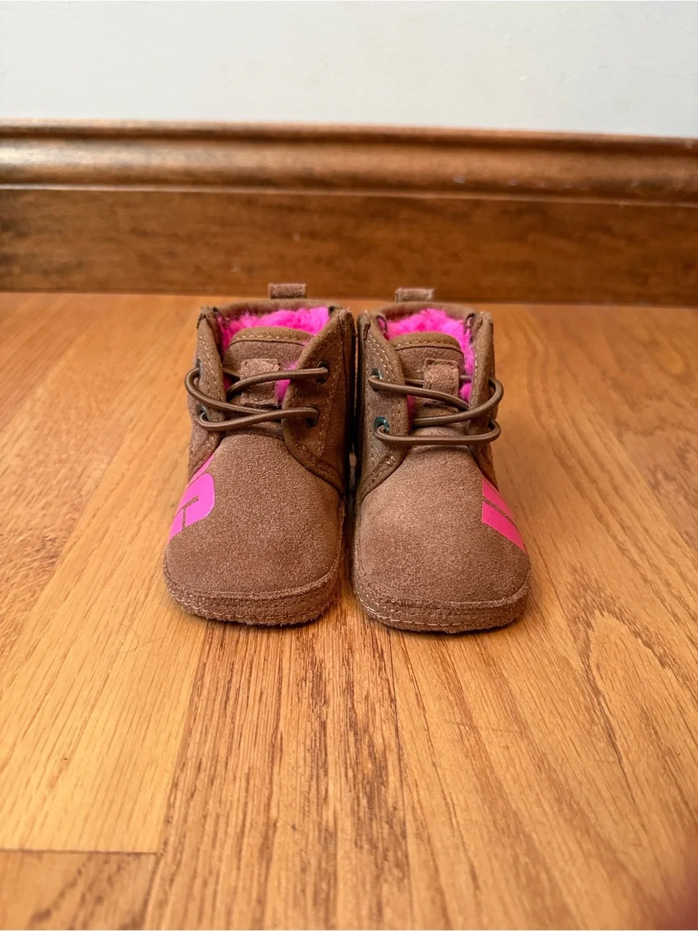 UGG Baby Booties Leather Suede Velcro Side Closure Brown Hot Pink Like new US0/1
